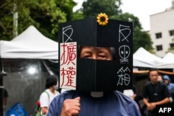 台灣立法院就改革草案舉行投票之際，支持民進黨反對國會改革法案的抗議民眾聚集在立法院外。 (2024年5月28日)