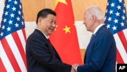 資料照片：2022年11月14日，美國總統拜登和中國國家主席習近平在印尼峇裡島舉行的G20峰會期間舉行會議前握手。 （美聯社照片)
