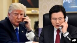 도널드 트럼프 미국 대통령(왼쪽)이 7일 오후(한국시각 8일 오전) 황교안 한국 대통령 권한대행 국무총리에게 전화해 미중 정상회담 결과를 설명했다. (자료사진)