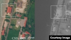 衛星圖像顯示，10月1日，柬埔寨雲朗海軍基地的充氣船維修設施還在，但到11月4日已被完全拆除。(由CSIS亞洲海事透明度倡議提供)