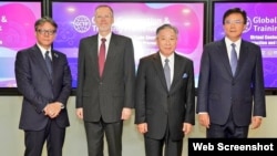 左起:日本台灣交流協會代理代表橫地晃、美國在台協會台北辦事處處長酈英傑、台灣外交部副部長田中光、台灣法務部政務次長蔡碧仲10月15日在台北舉行共同保護知識產權研討會。(圖片來源:台灣外交部推特)
