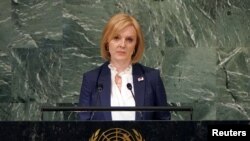 英國首相卓慧思2022年9月21日在紐約聯合國大會上發言。（路透社照片）