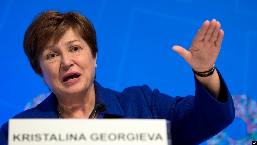 國際貨幣基金組織總裁格奧爾基耶娃（Kristalina Georgieva）在IMF年會期間發言（2019年10月19日）。