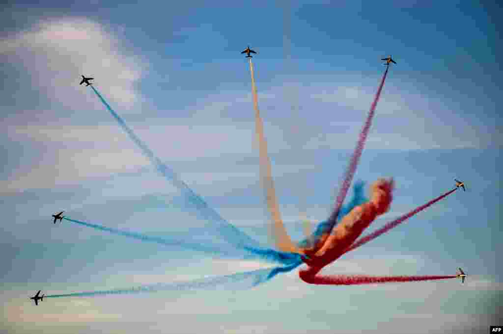 French elite acrobatic flying team "Patrouille de France" performs during the 8th Athens Flying Week aviation event over Tanagra air base, north of Athens, Greece, Sept. 22, 2019.