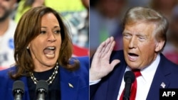 Vice-Presidente Kamala Harris a discursar durante um comício de campanha em Las Vegas, Nevada, a 31 de outubro de 2024, e o antigo Presidente e candidato presidencial republicano Donald Trump a discursar num comício de campanha em Milwaukee, Wisconsin, a 1 de novembro.