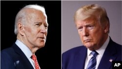 En esta combinación de fotos de archivo, el ex vicepresidente Joe Biden (izquierda) habla en Wilmington, Delaware, y el presidente Donald Trump (derecha) habla en la Casa Blanca en Washington.