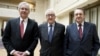 The Joint Special Representative for Syria Lakhdar Brahimi (C) stands with Russian Deputy Foreign Minister Mikhail Bogdanov (R) and U.S. Deputy Secretary of State William Burns as they meet at the United Nations European headquarters in Geneva, Switzerland, January 11, 2013. 