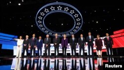 지난해 10월 미국 오하이오주 웨스터빌의 오터바인대학에서 민주당 대선 경선후보 4차 TV 토론회가 열렸다.