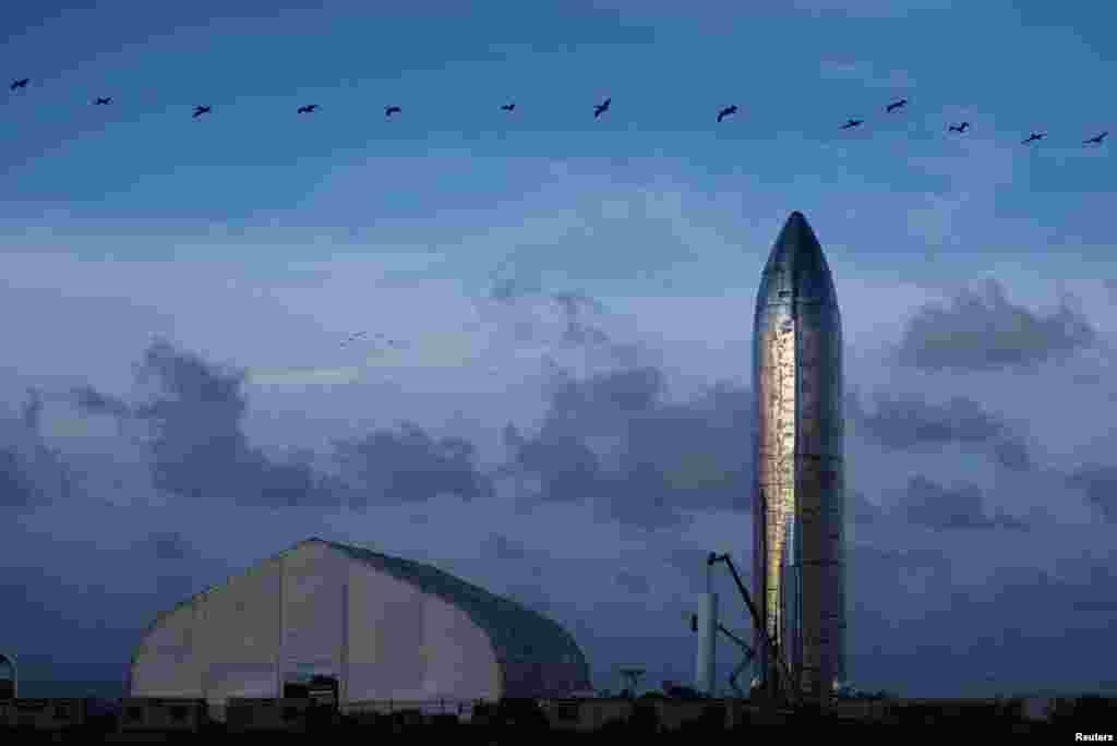 A prototype of SpaceX's Starship spacecraft is seen before its founder and CEO Elon Musk gives an update on the company's Mars rocket Starship in Boca Chica, Texas, Sept. 28, 2019.