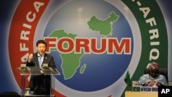 中國國家主席習近平2015年12月4日在南非約翰尼斯堡桑頓會議中心舉行的中非合作論壇約翰尼斯堡高峰會開幕式上發表演說。在那次高峰會上，中國提出要讓非洲國家一萬個偏遠村莊連接到衛星數位電視訊號。(美聯社照片）