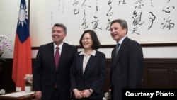 台灣總統蔡英文會見美國參議員加德納(左)與美國在台協會處長梅健華(台灣總統府圖片)